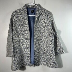 Connie Roberson Blue Silver Metallic Starburst Jacquard Silk‎ Jacket Large L